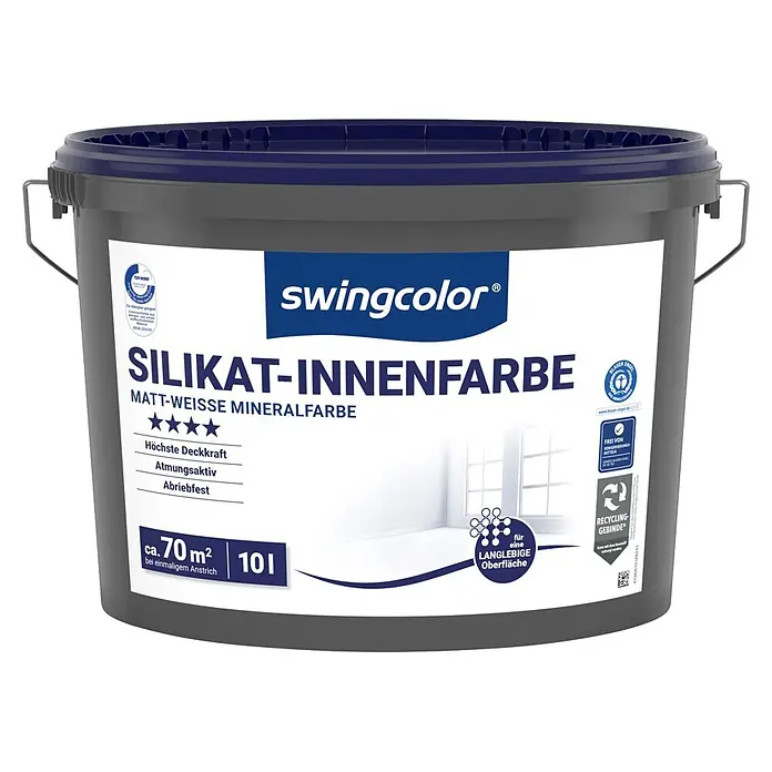 swingcolor Wandfarbe Silikat-Innenfarbe - Weiß, Matt, 10 l - Swingcolor 10L Silikat-Innenfarbe, matt-weiße Mineralfarbe für ca. 70m², in einem grauen Eimer mit blauem Deckel.