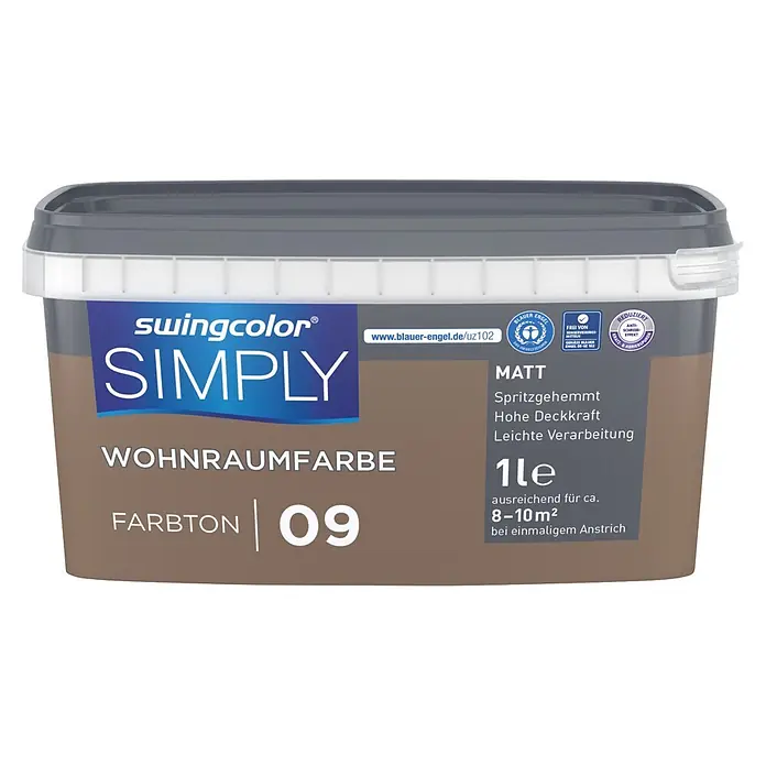 swingcolor Wandfarbe SIMPLY - Braun - Nr. 09, 1 l - Swingcolor Simply matte Wohnraumfarbe, Farbton 09, 1 Liter. Brauner Eimer mit grauem Deckel, mit Umweltzeichen und Vorteilen.