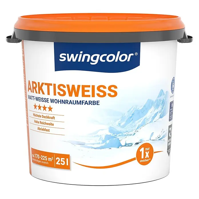 swingcolor Wandfarbe Arktisweiß - Schneeweiß, Matt, 25 l - Weißer Farbeimer mit orangefarbenem Deckel und grauem Henkel. Enthält 25 Liter Swingcolor Arktisweiß matte Wandfarbe.