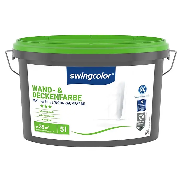 swingcolor Wandfarbe Wand- & Deckenfarbe - Weiß, Matt, 5 l, Abtönbar - Ein grauer Farbeimer mit grünem Deckel, beschriftet als 'swingcolor Matt-Weiße Wand- & Deckenfarbe'. Er enthält 5 Liter und reicht für ca. 35 m².