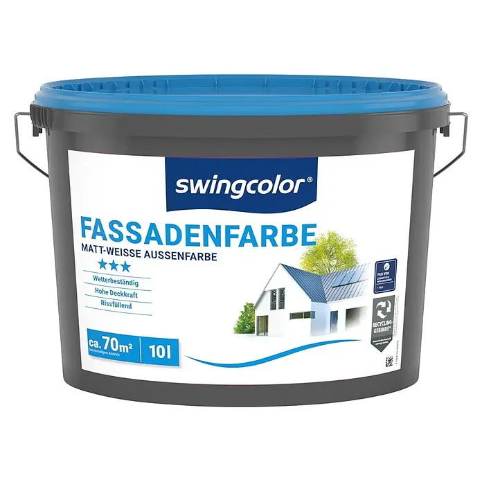 swingcolor Dispersionsfassadenfarbe - Weiß, 10 l - Grauer Farbeimer mit blauem Deckel, 10 Liter Swingcolor Fassadenfarbe matt-weiß, ca. 70m² Reichweite.
