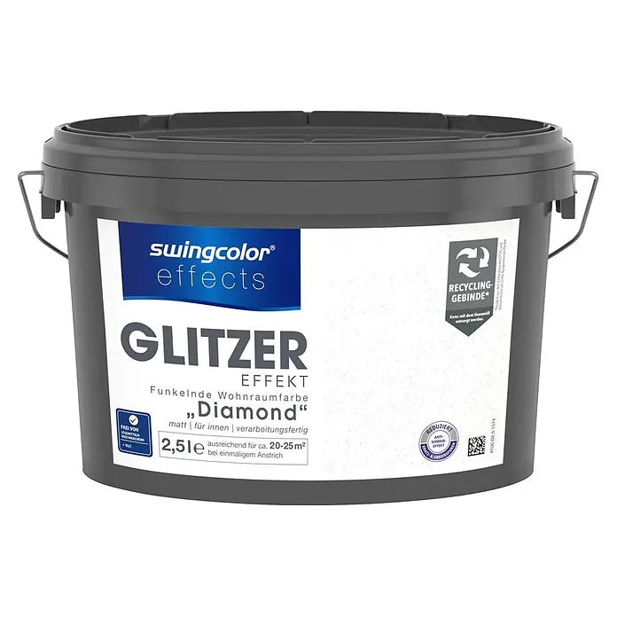 swingcolor effects Farbeffektputz Funkelnde Wohnraumfarbe mit Glitzer-Effekt - Diamond, Glitzernd, 2,5 l - Dunkelgrauer Farbeimer für swingcolor Glitzer Effekt Diamond Innenfarbe, 2,5L.