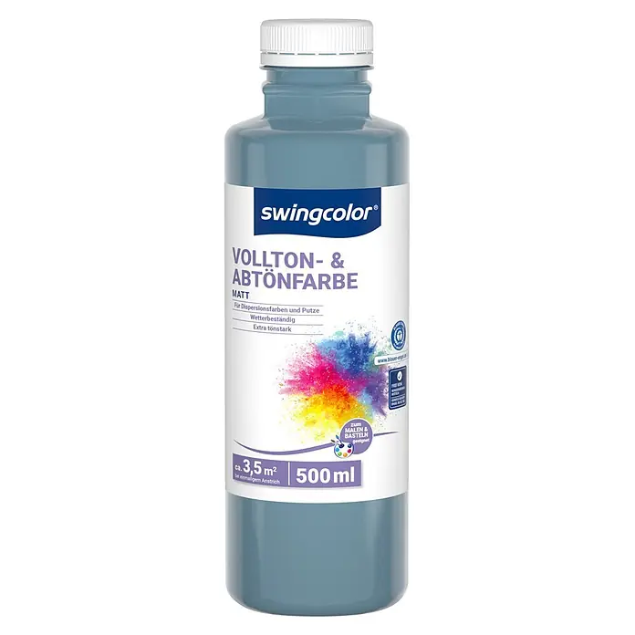 swingcolor Vollton- & Abtönfarbe - Jeansblau, Matt, 500 ml - Swingcolor 500ml Flasche matte graublaue Abtönfarbe mit weißem Schraubverschluss.