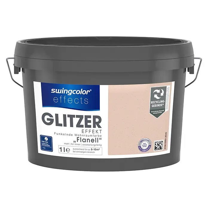 swingcolor effects Farbeffektputz Funkelnde Wohnraumfarbe mit Glitzer-Effekt - Flanell, Glitzernd, 1 l - Grauer swingcolor effects Farbeimer mit Glitzer-Effekt Wandfarbe in "Flanell", 1 Liter.