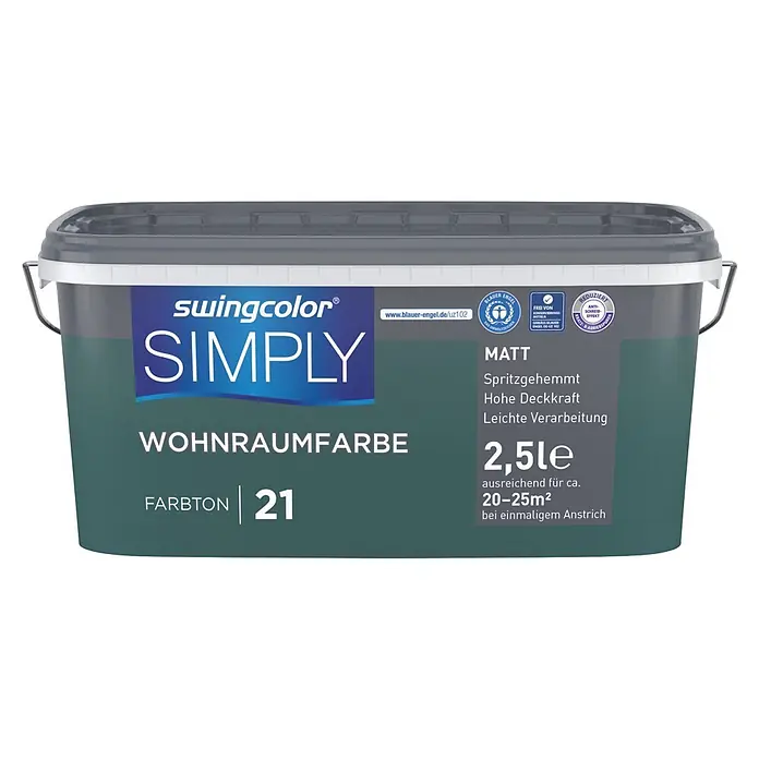 swingcolor Wandfarbe SIMPLY - Nr. 21, 2,5 l - Grauer Kunststoffeimer swingcolor SIMPLY Wohnraumfarbe, matt dunkelgrünblau, 2,5 Liter, für Wohnräume.