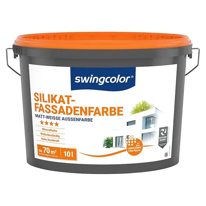swingcolor Silikat-Fassadenfarbe - Weiß, 10 l - Grauer Farbeimer mit orangefarbenem Deckel, swingcolor Silikat-Fassadenfarbe mattweiß, 10L, ca. 70m² Reichweite, für langlebige Oberflächen.