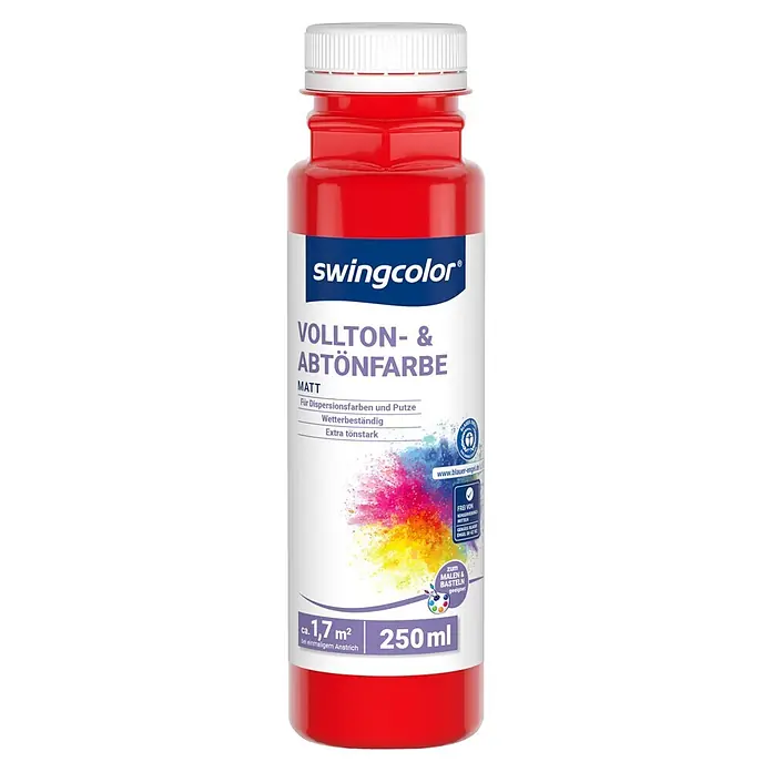 swingcolor Vollton- & Abtönfarbe - Signalrot, Matt, 250 ml - Rote swingcolor 250ml Vollton- & Abtönfarbe Flasche mit weißem Deckel, matt, wetterbeständig, für Dispersionsfarben, Putze & Basteln.