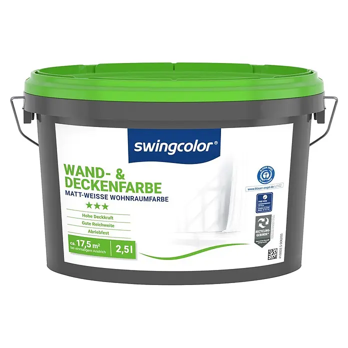 swingcolor Wandfarbe Wand- & Deckenfarbe - Weiß, Matt, 2,5 l, Abtönbar - Swingcolor Wand- & Deckenfarbe in grauem 2,5L Eimer mit grünem Deckel, matt-weiß, deckt ca. 17,5 m² ab, mit Blauem Engel.