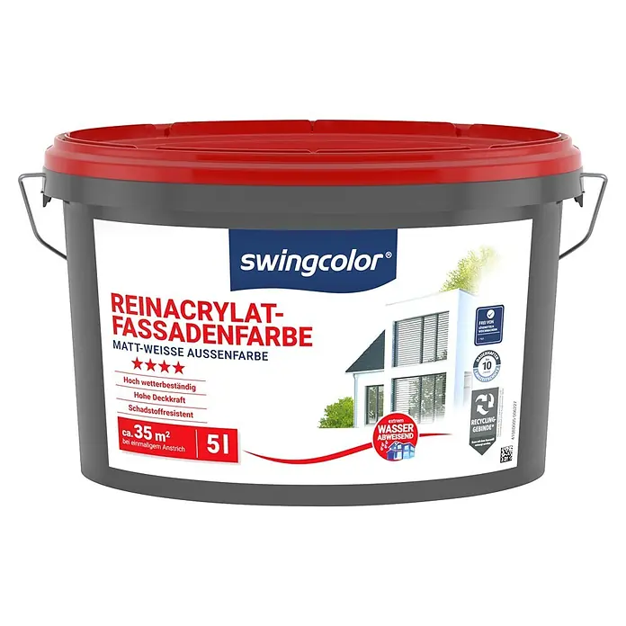 swingcolor Reinacrylat-Fassadenfarbe - Schneeweiß, 5 l - Grauer Farbeimer mit rotem Deckel, beschriftet 'swingcolor REINACRYLAT-FASSADENFARBE' für Außenwände, 5 Liter.