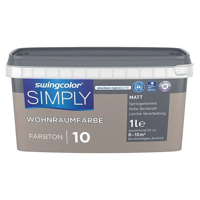 swingcolor Wandfarbe SIMPLY - Braun - Nr. 10, 1 l - Heller Taupe-Matter Dispersionsfarbe, swingcolor SIMPLY, 1-Liter-Eimer mit Blauer Engel Zertifizierung.