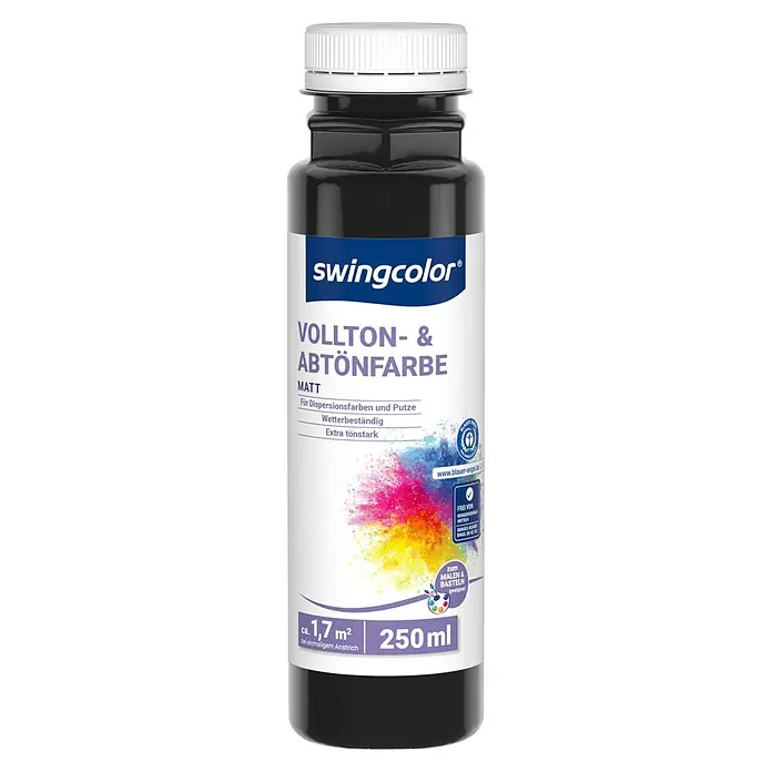 swingcolor Vollton- & Abtönfarbe - Anthrazitgrau, Matt, 250 ml - Schwarze swingcolor Abtönfarbe Flasche mit weißem Deckel und Etikett, matt.