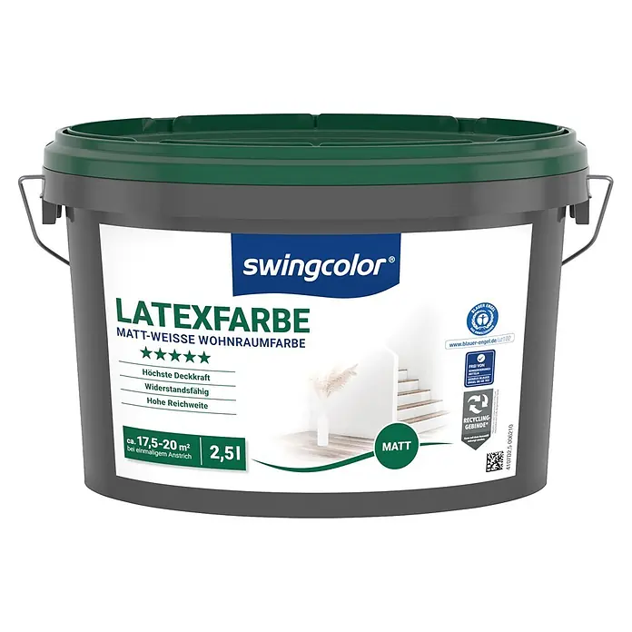 swingcolor Latexfarbe - Schneeweiß, Matt, 2,5 l - Grauer Farbeimer mit dunkelgrünem Deckel, beschriftet "swingcolor LATEXFARBE" für mattweiße Wandfarbe.