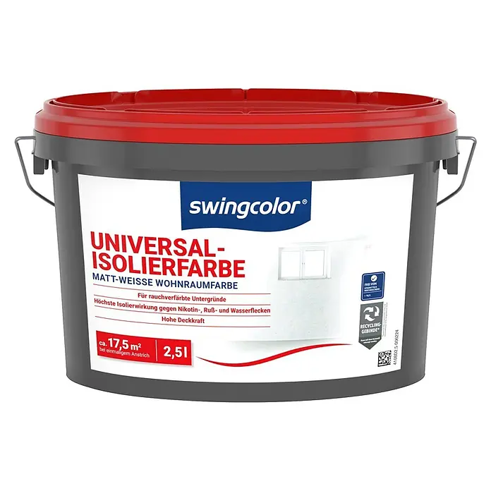 swingcolor Isolierfarbe Universal - 2,5 l, Weiß - Grauer swingcolor Farbeimer mit rotem Deckel, enthält 2,5L matte weiße Universal-Isolierfarbe für ca. 17,5 m², lösemittelfrei.