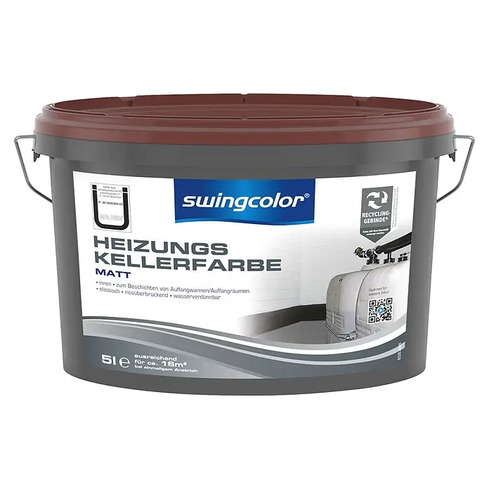 swingcolor Heizungskellerfarbe - Rotbraun, 5 l, Seidenmatt - Ein dunkelgrauer swingcolor Farbeimer mit braunem Deckel, beschriftet als 'HEIZUNGS KELLERFARBE MATT' für Heiz- und Kellerräume. Er enthält 5 Liter.
