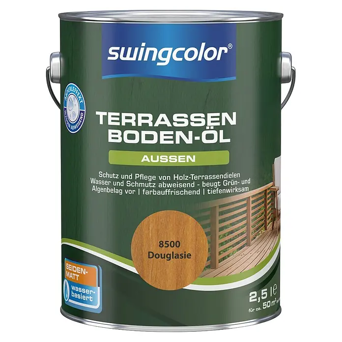 swingcolor Holzöl Terrassenboden-Öl - Douglasie, 2,5 l, Seidenmatt - Swingcolor Terrassen Boden-Öl, 2,5L Dose, seiden-matt Douglasie-Farbton, wasserbasiert und wasserabweisend.