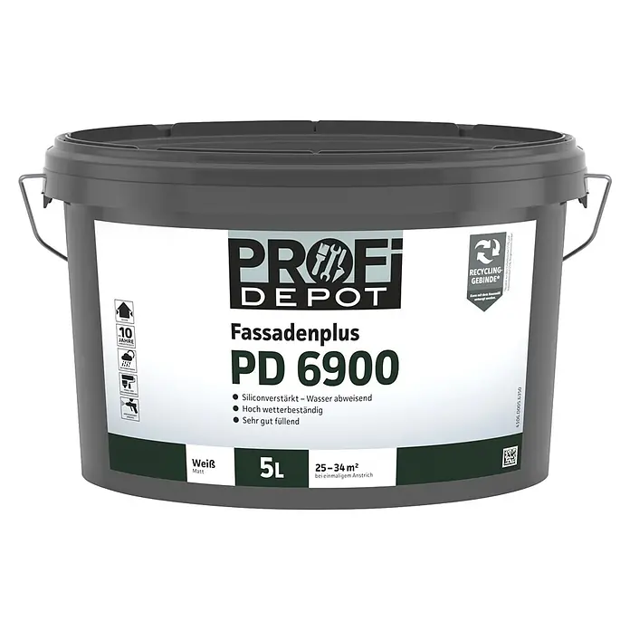 Profi Depot PD Dispersionsfassadenfarbe Fassadenplus PD 6900 - Weiß, 5 l - Grauer Profi Depot Fassadenplus PD 6900 Farbeimer, 5L, weiß matt, silikonverstärkt.