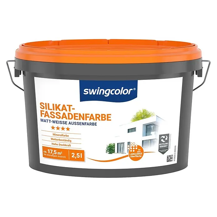 swingcolor Silikat-Fassadenfarbe - Weiß, 2,5 l - Swingcolor Silikat-Fassadenfarbe Eimer, 2,5L, mattweiß, grauer Eimer mit orangefarbenem Deckel.