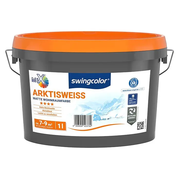 swingcolor Mix Wandfarbe Arktisweiß zum Mischen lassen - Basismischfarbe 4, Matt, 1 l, Abtönbar - Dunkelgrauer Farbeimer mit orangefarbenem Deckel, beschriftet „swingcolor ARKTISWEISS“ für 1L matte Wandfarbe, reicht für 7-9 qm.