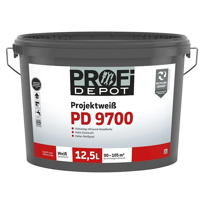 Profi Depot PD Wandfarbe Projektweiß PD 9700 - Weiß, Stumpfmatt, 12,5 l - Grauer Eimer Profi Depot Projektweiß PD 9700 Wandfarbe, 12,5L Inhalt.