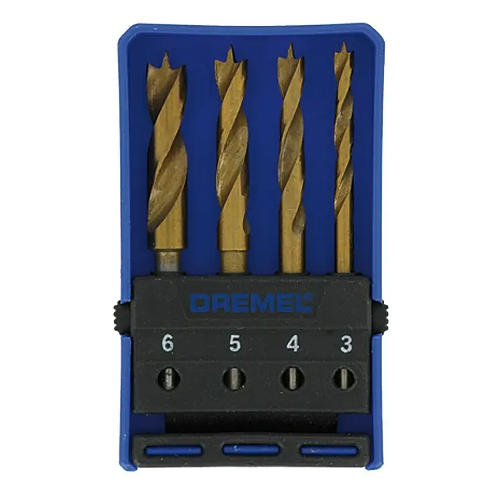 Dremel Holz-Bohrersatz Mod. 636 - 3 mm - 6 mm, 4 Stk. - Dremel Forstnerbohrer-Set mit vier goldenen Spiralbohrern in einem blauen und schwarzen Kunststoffkoffer, Größen 6, 5, 4 und 3.