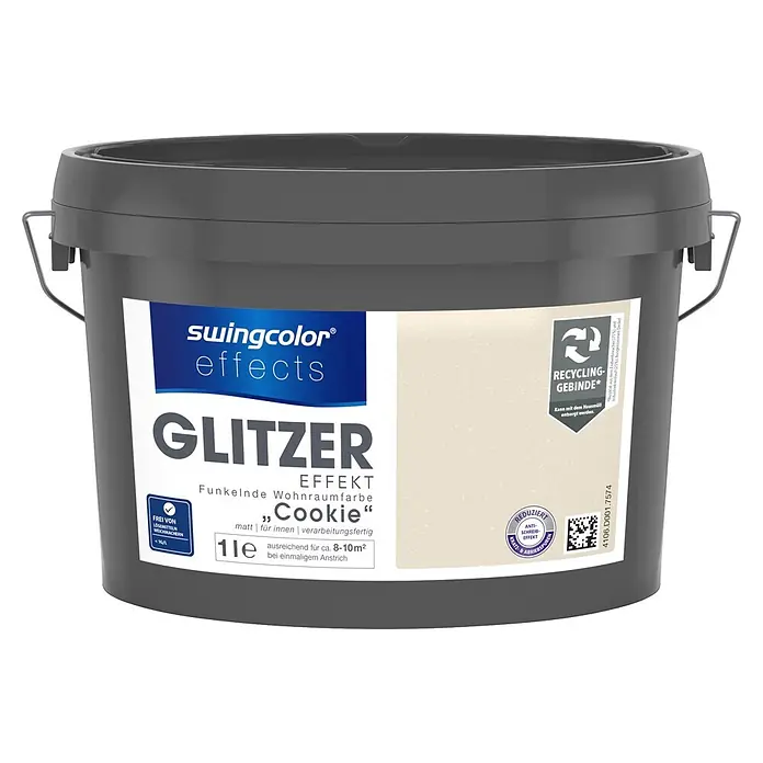 swingcolor effects Farbeffektputz Funkelnde Wohnraumfarbe mit Glitzer-Effekt - Cookie, Glitzernd, 1 l - Grauer swingcolor effects Glitzerfarbbehälter, 1 Liter, Farbe "Cookie" (hellcreme mit Sprenkeln).