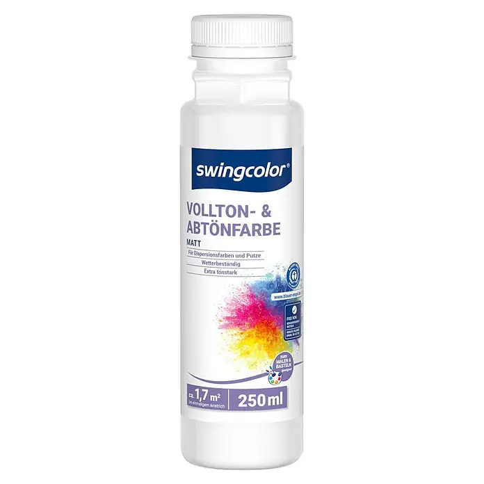 swingcolor Vollton- & Abtönfarbe - Weiß, Matt, 250 ml - Weiße swingcolor Farbflasche mit blauem Etikett, bunten Farbspritzern und Text für Vollton- & Abtönfarbe, matt, 250ml.