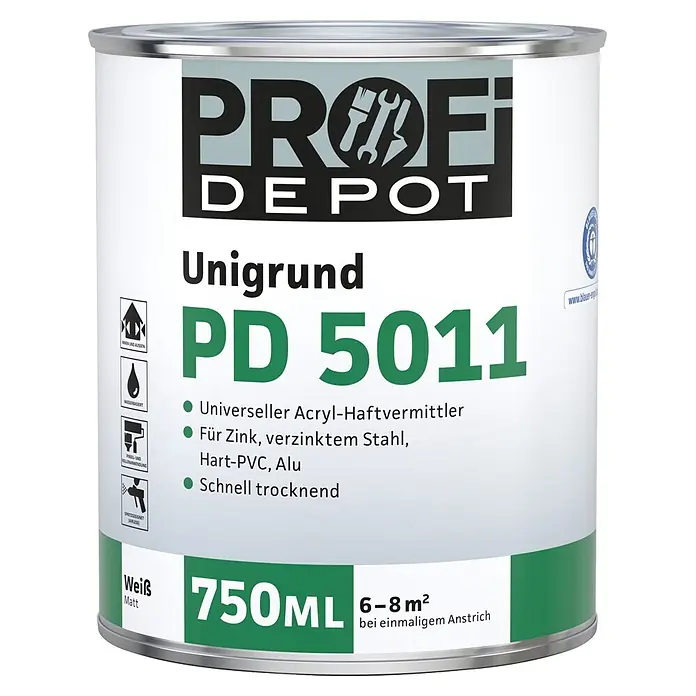 Profi Depot PD Grundierung Unigrund PD 5011 - Weiß, 750 ml - Weiße 750ml Dose „PROFI DEPOT Unigrund PD 5011“ matter Acrylhaftvermittler für diverse Materialien.