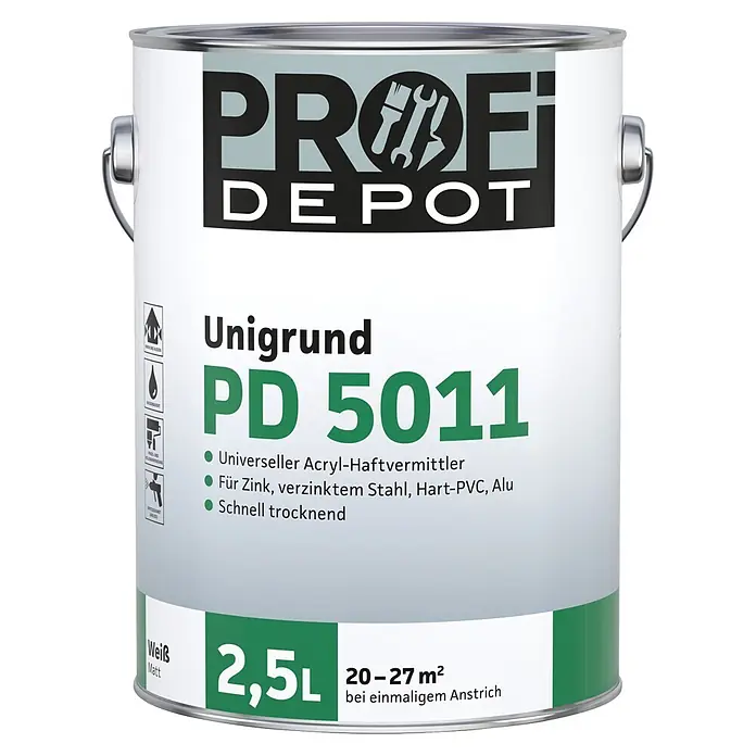 Profi Depot PD Grundierung Unigrund PD 5011 - Weiß, 2,5 l - Weißer matter Acryl-Haftvermittler (Unigrund PD 5011) in einer 2,5-Liter-Metallkanne für 20-27 m² Fläche.
