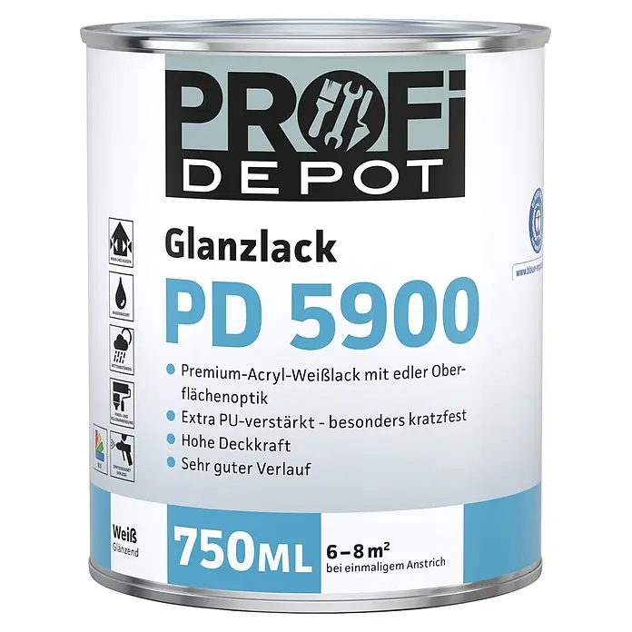Profi Depot PD Weißlack Glanzlack PD 5900 - Weiß, Glänzend, 750 ml, Wasserbasiert - PROFI DEPOT Glanzlack PD 5900, 750ml Dose mit weißem Glanzlack.