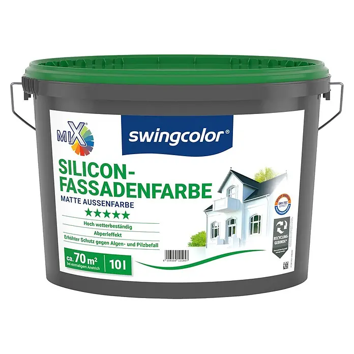 swingcolor Mix Silikon-Fassadenfarbe zum Mischen lassen - Basismischfarbe 1, 10 l - Grauer Farbeimer mit grünem Deckel, beschriftet mit "swingcolor SILICON-FASSADENFARBE", wetterbeständig und schützt vor Algen/Pilzen.