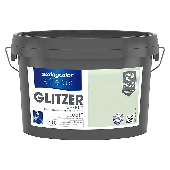 swingcolor effects Farbeffektputz Funkelnde Wohnraumfarbe mit Glitzer-Effekt - Leaf, Glitzernd, 1 l - Grauer 1-Liter-Eimer Swingcolor Effects Glitzer-Wohnraumfarbe in der Farbe „Leaf“.