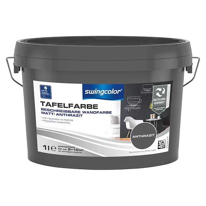 swingcolor Tafelfarbe - Anthrazit, 1 l, Matt - Grauer Eimer swingcolor Tafelfarbe, matt anthrazit, beschreibbare Wandfarbe, 1 Liter.