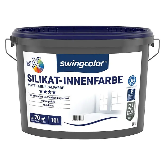 swingcolor Mix Wandfarbe Silikat-Innenfarbe zum Mischen lassen - Basismischfarbe 4, Matt, 10 l - Dunkelgrauer Farbeimer mit blauem Deckel und Etikett für 'Silikat-Innenfarbe' matte Mineralfarbe, 70m² Deckkraft, 10L Fassungsvermögen.