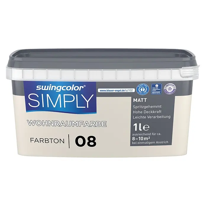 swingcolor Wandfarbe SIMPLY - Greige - Nr. 08, 1 l - Ein weißer swingcolor SIMPLY Farbeimer mit grauem Deckel, beschriftet mit „FARBTON 08“, „MATT“, „WOHNRAUMFARBE“ und „1le“.