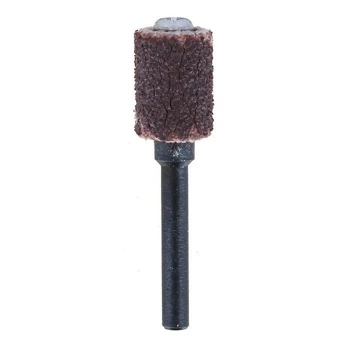Dremel Schleifband Mod. 430 - 6,4 mm, 2 Stk., Körnung: 60 - Schleifhülsen-Dorn: Ein Werkzeug zum Schleifen und Polieren mit einem braunen Schleifzylinder und einem schwarzen Schaft.