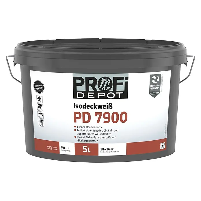 Profi Depot PD Isolierfarbe Isodeckweiß PD 7900 - Weiß, 5 l - Dunkelgrauer 5L PROFI DEPOT Isodeckweiß PD 7900 Farbeimer, eine weiße matte Renovierungsfarbe.
