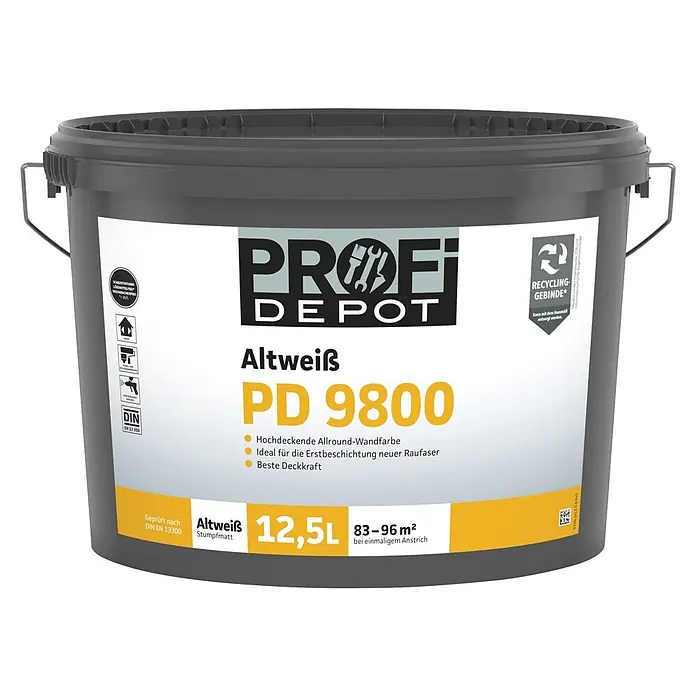 Profi Depot PD Wandfarbe Altweiß PD 9800 - Altweiß, Stumpfmatt, 12,5 l - Grauer Profi Depot Altweiß PD 9800 Wandfarbeimer, 12,5L, hohe Deckkraft.