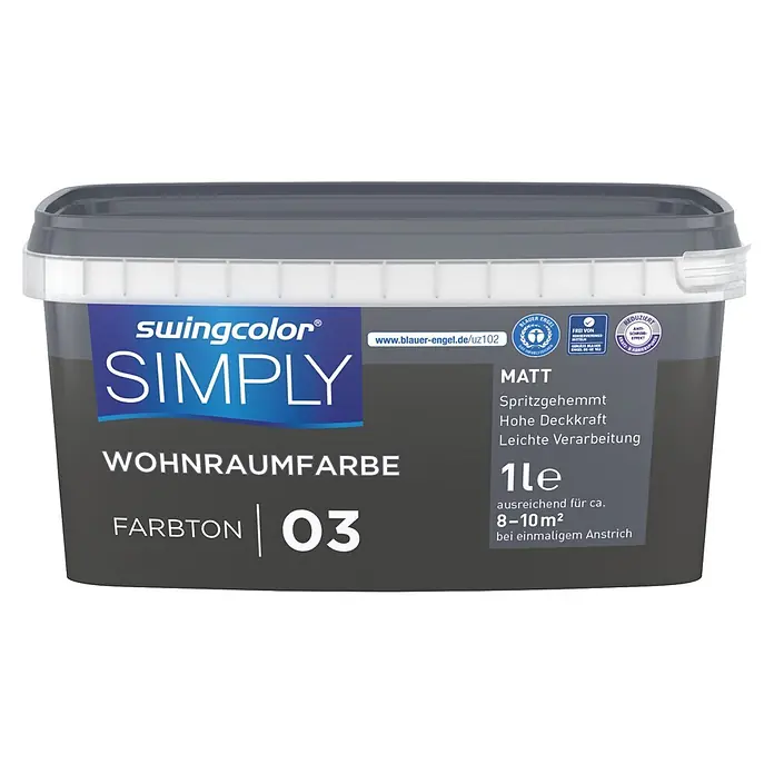 swingcolor Wandfarbe SIMPLY - Nr. 03, 1 l - Grauer 1-Liter-Eimer Swingcolor SIMPLY matt Wandfarbe, Farbton 03, für ca. 8-10m².