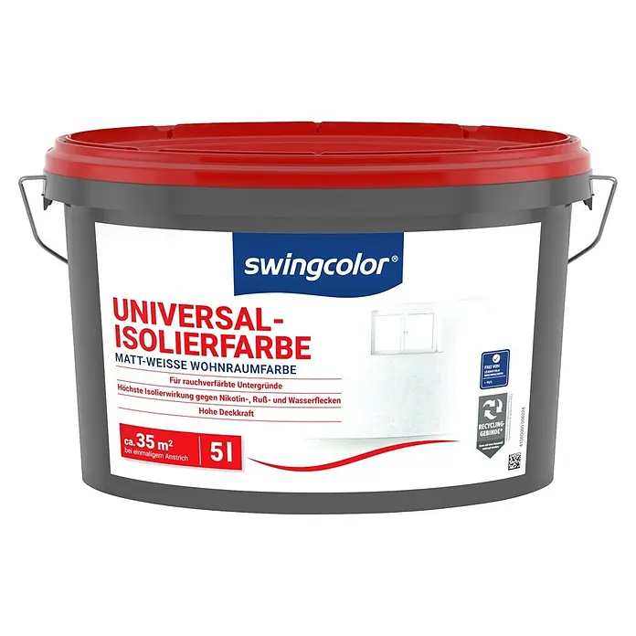 swingcolor Isolierfarbe Universal - 5 l, Weiß - Grauer Farbeimer mit rotem Deckel, 5l Swingcolor Universal-Isolierfarbe, deckt ca. 35m² ab.