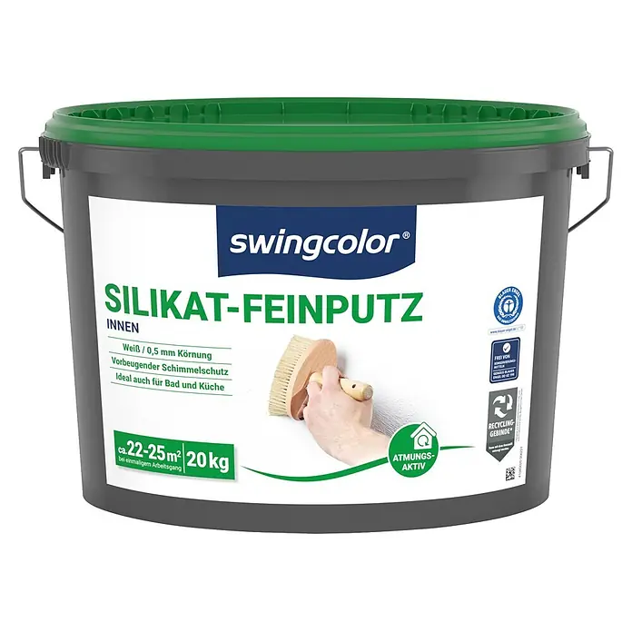 swingcolor Dekoputz Silikat-Feinputz - Weiß, Körnung: 0,5 mm, 20 kg - Ein grauer Eimer swingcolor Silikat-Feinputz mit grünem Deckel, 20 kg, für innen, weiß, Schimmelschutz, atmungsaktiv.