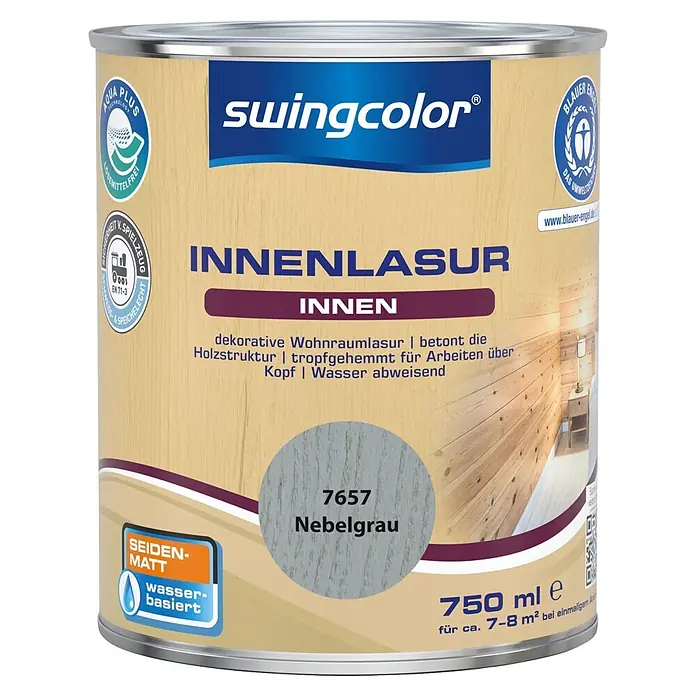 swingcolor Holzlasur Innenlasur - Nebelgrau, 750 ml, Seidenmatt - Swingcolor Innenlasur, seidenmatt wasserbasiert in Nebelgrau, 750ml Dose mit Holzoptik-Etikett.