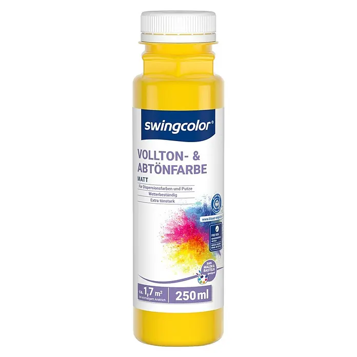 swingcolor Vollton- & Abtönfarbe - Rapsgelb, Matt, 250 ml - Gelbe swingcolor Vollton- & Abtönfarbe Flasche, matt, 250ml.