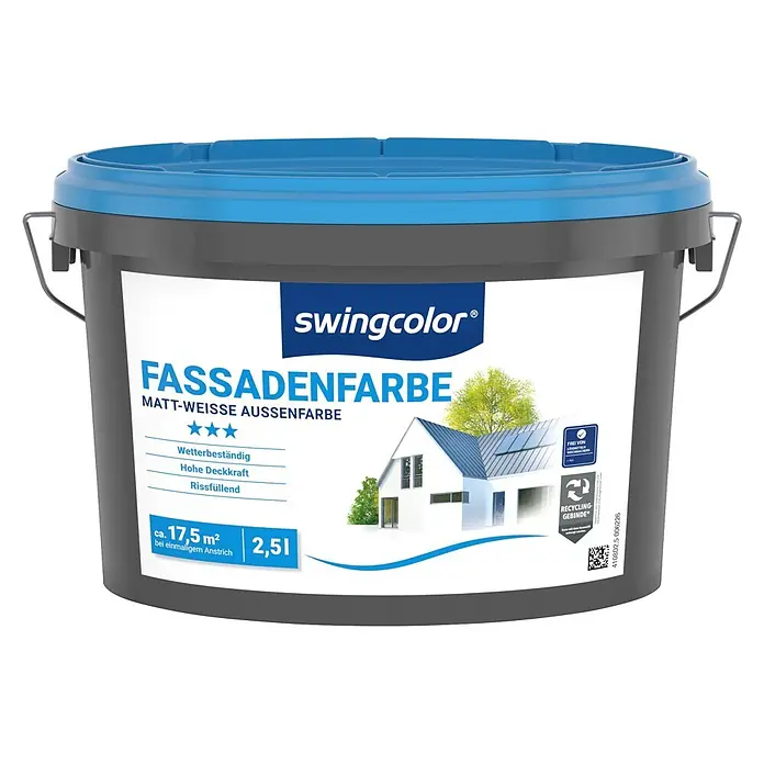 swingcolor Dispersionsfassadenfarbe - Weiß, 2,5 l - Grauer Swingcolor Eimer mit 2,5L matter weißer Fassadenfarbe und blauem Deckel. Beschriftung weist auf Wetterbeständigkeit und hohe Deckkraft hin.