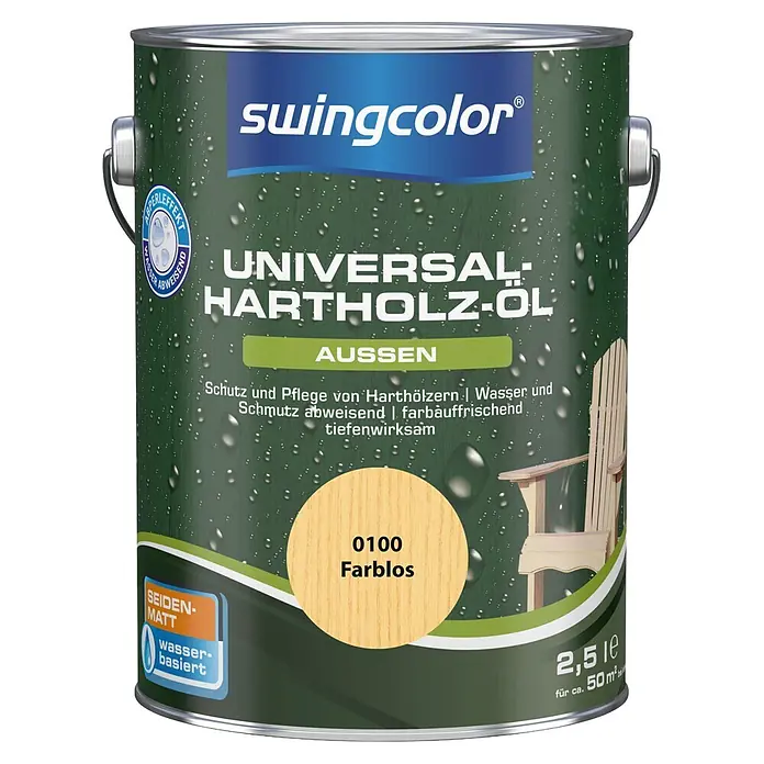swingcolor Universal-Hartholzöl - Farblos, 2,5 l, Seidenmatt - swingcolor Universal Hartholz-Öl, 2,5L Dose, farblos, seidenmatt, wasserbasiert, für außen.