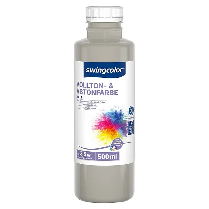 swingcolor Vollton- & Abtönfarbe - Grau, Matt, 500 ml - Hellgraue Flasche Swingcolor Vollton- & Abtönfarbe matt, 500 ml.