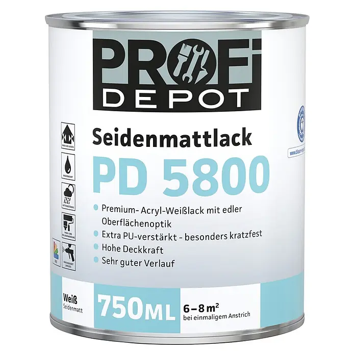 Profi Depot PD Weißlack Seidenmattlack PD 5800 - Weiß, Seidenmatt, 750 ml, Wasserbasiert - PROFI DEPOT PD 5800 weißer Seidenmattlack in einer 750ml Dose.