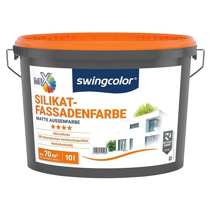 swingcolor Mix Silikat-Fassadenfarbe zum Mischen lassen - Basismischfarbe 4, 10 l - Dunkelgrauer Farbeimer mit orangem Deckel, beschriftet 'swingcolor Silikat-Fassadenfarbe', 10L.