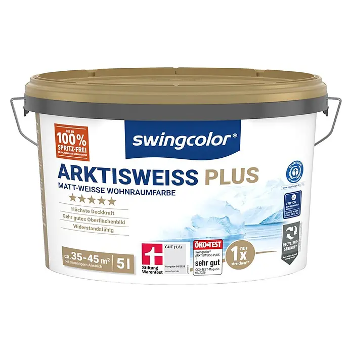 swingcolor Wandfarbe Arktisweiß Plus - Schneeweiß, Matt, 5 l - Ein weißer swingcolor ARKTISWEISS PLUS Farbeimer mit goldfarbenem Deckel und grauem Griff, mit Produktinformationen.