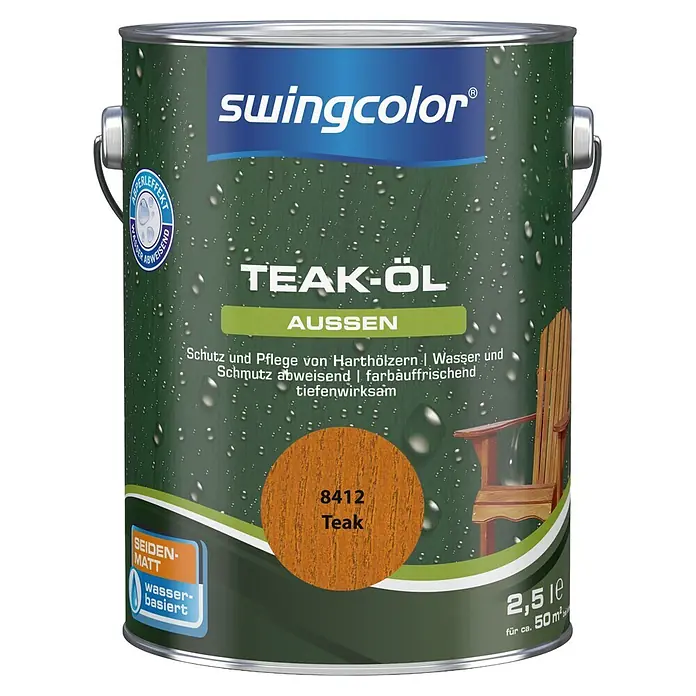 swingcolor Teak-Öl - Teak, 2,5 l, Seidenmatt - Swingcolor 2,5L Teak-Öl seidenmatt, wasserbasiert für Außenhölzer, Farbton 8412 Teak, wasser- und schmutzabweisend.