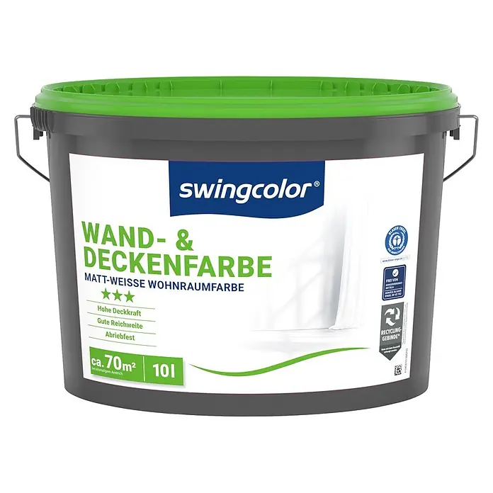 swingcolor Wandfarbe Wand- & Deckenfarbe - Weiß, Matt, 10 l, Abtönbar - Dunkelgrauer Swingcolor Farbeimer mit grünem Deckel und weißem Wand- & Deckenfarben-Etikett für ca. 70m², 10 Liter.